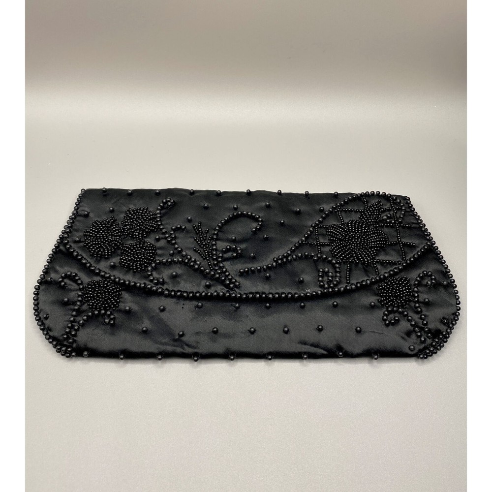 Vintage Bon Soir Black Satin Clutch Purse Made Japan with Italian Beads 9.5" NH